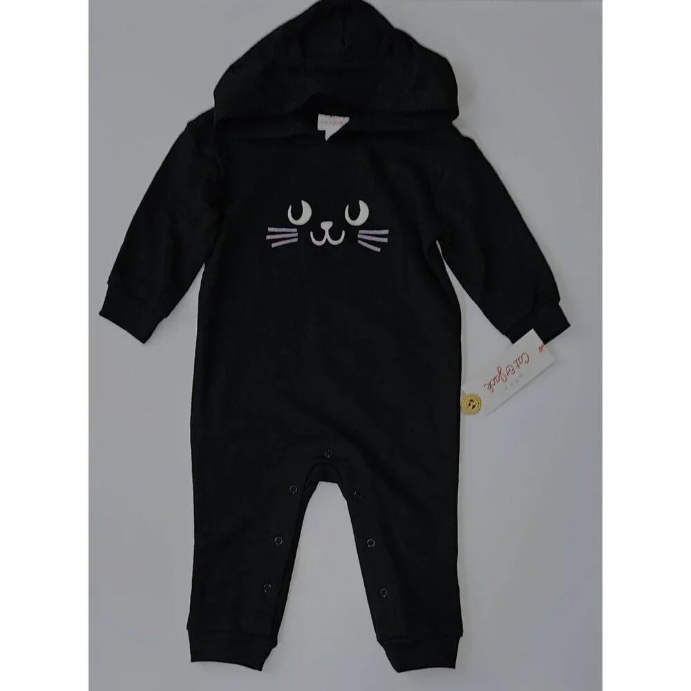NEW Black Cat Halloween Outfit Baby 6-9 Months Hooded PINK FACE Cat & Jack
